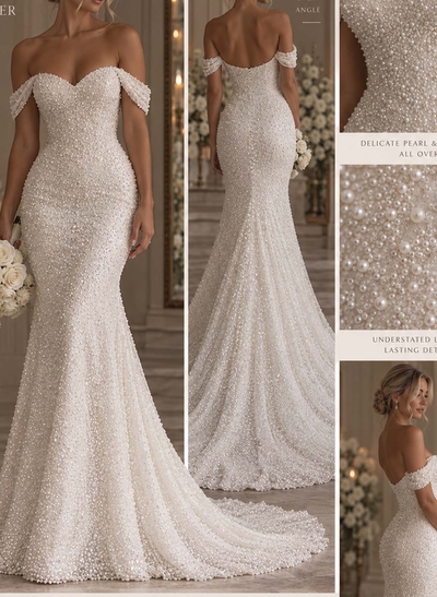 Trumpet/Mermaid Off-The-Shoulder Cape Sleeves Sweep Train Lace/Satin/Tulle Wedding Dresses With Beading