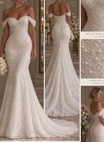 Trumpet/Mermaid Off-The-Shoulder Cape Sleeves Sweep Train Lace/Satin/Tulle Wedding Dresses With Beading