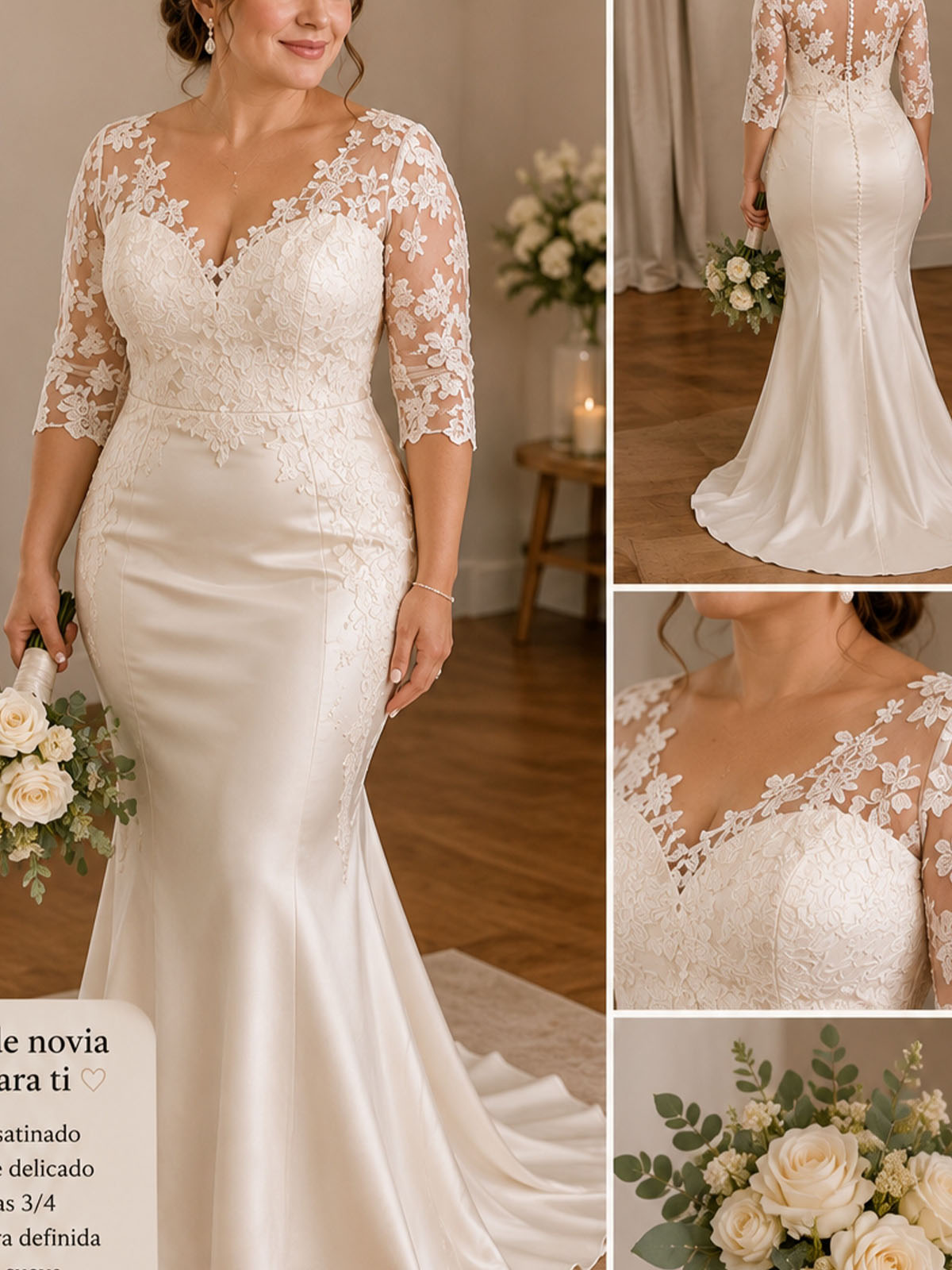 Trumpet/Mermaid V-Neck 3/4 Sleeves Sweep Train Lace/Tulle/Crepe Satin Wedding Dresses With Appliques Lace