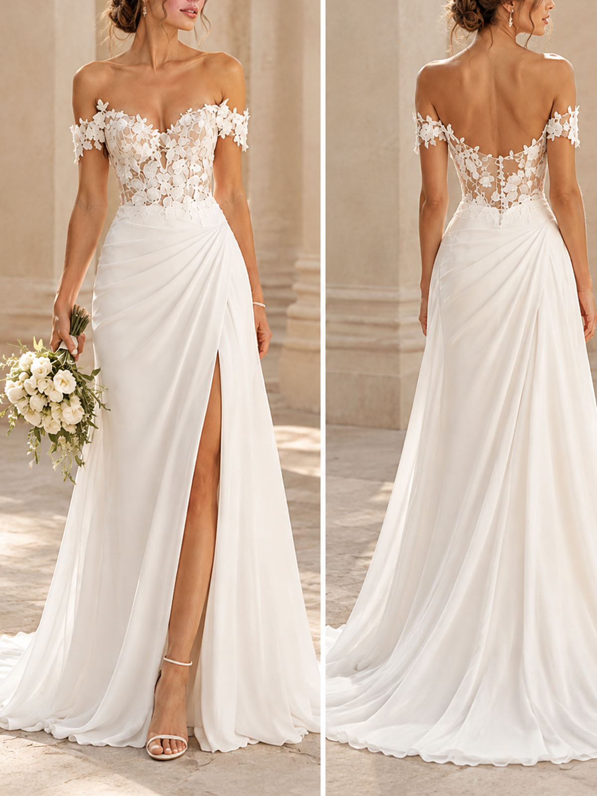 Sheath/Column Sweetheart Cape Sleeves Sweep Train Chiffon/Lace/Tulle Wedding Dresses With Appliques Lace