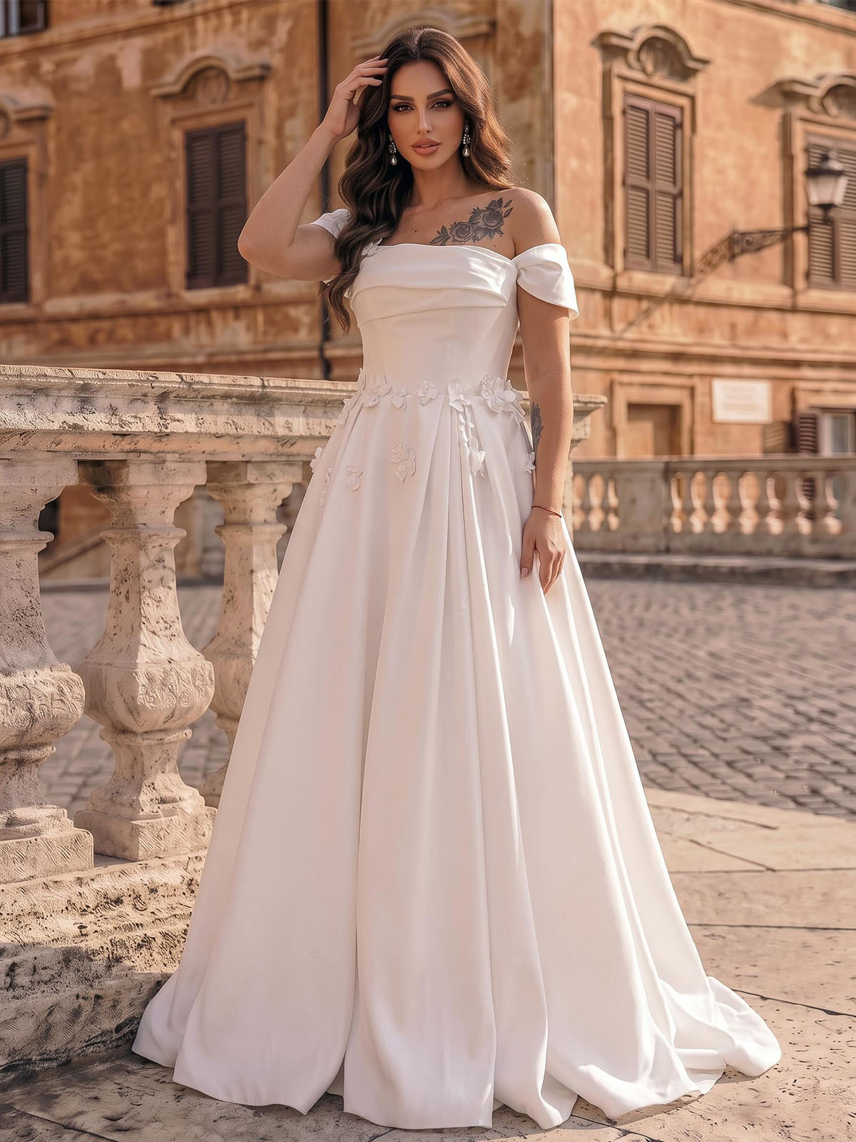 Off-The-Shoulder Ballgown Bridal Dress With Cape Sleeves, Sweep Train And Floral Details In Liquid Satin