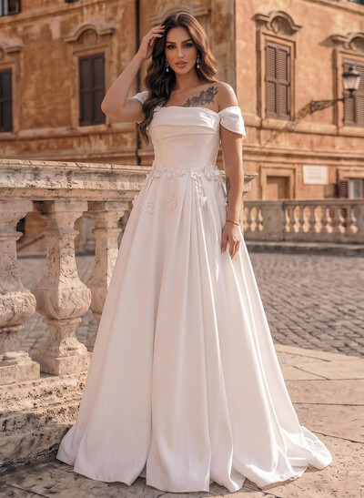 Off-The-Shoulder Ballgown Bridal Dress With Cape Sleeves, Sweep Train And Floral Details In Liquid Satin
