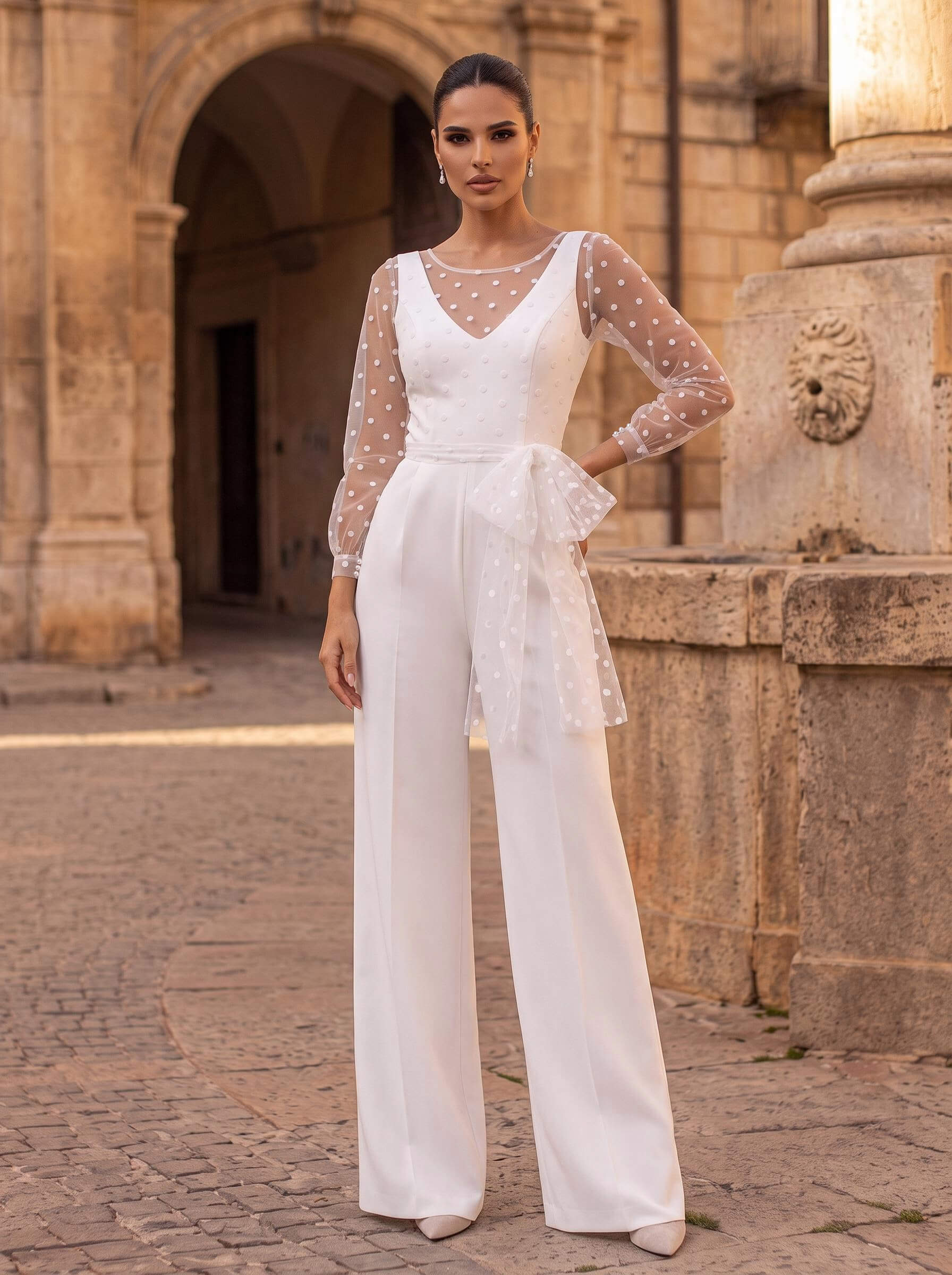 Bridal Trouser Suit/Jumpsuit, Scoop Neck, Long Sleeve, Floor-Length Stretch Satin Wedding Outfit With Sash/Polka Dots