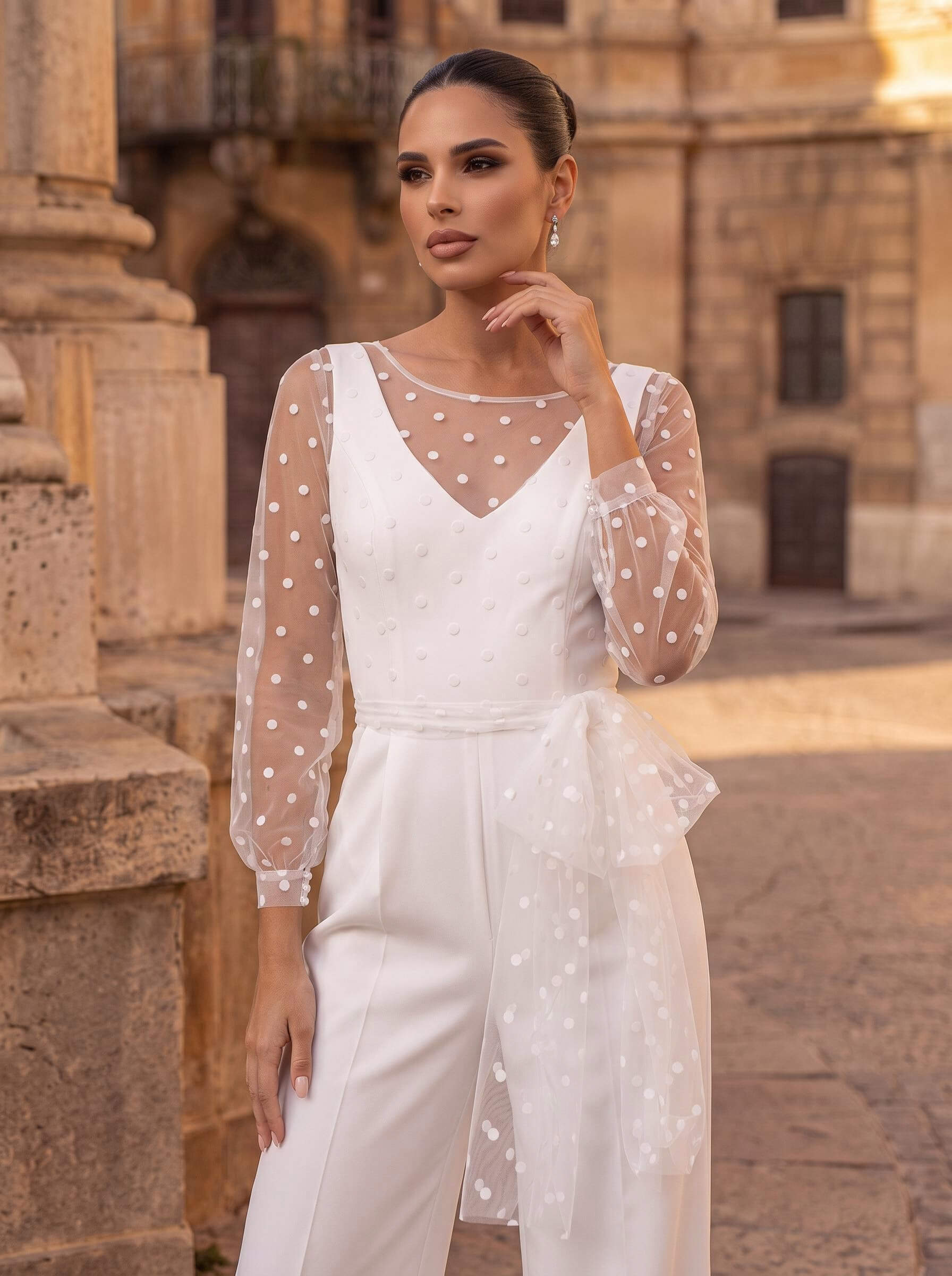 Bridal Trouser Suit/Jumpsuit, Scoop Neck, Long Sleeve, Floor-Length Stretch Satin Wedding Outfit With Sash/Polka Dots