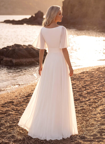 Jumpsuit / Trouser Suit Plunge Neck Half Sleeves Floor-Length Chiffon Wedding Dresses With Sash