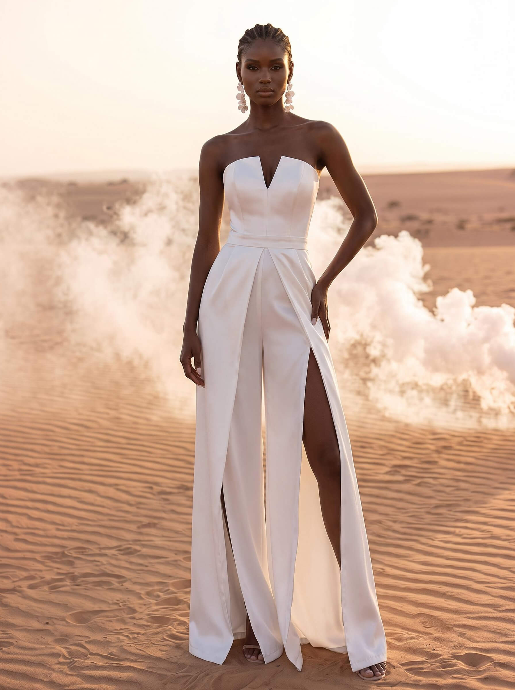 Jumpsuit / Trouser Suit V-Neck Sleeveless Floor-Length Crepe Satin Wedding Dresses With High Slit