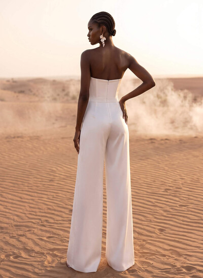 Jumpsuit / Pantsuit V-Neck Sleeveless Floor-Length Crepe Satin Wedding Dresses With High Slit
