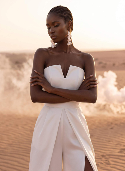 Jumpsuit / Trouser Suit V-Neck Sleeveless Floor-Length Crepe Satin Wedding Dresses With High Slit
