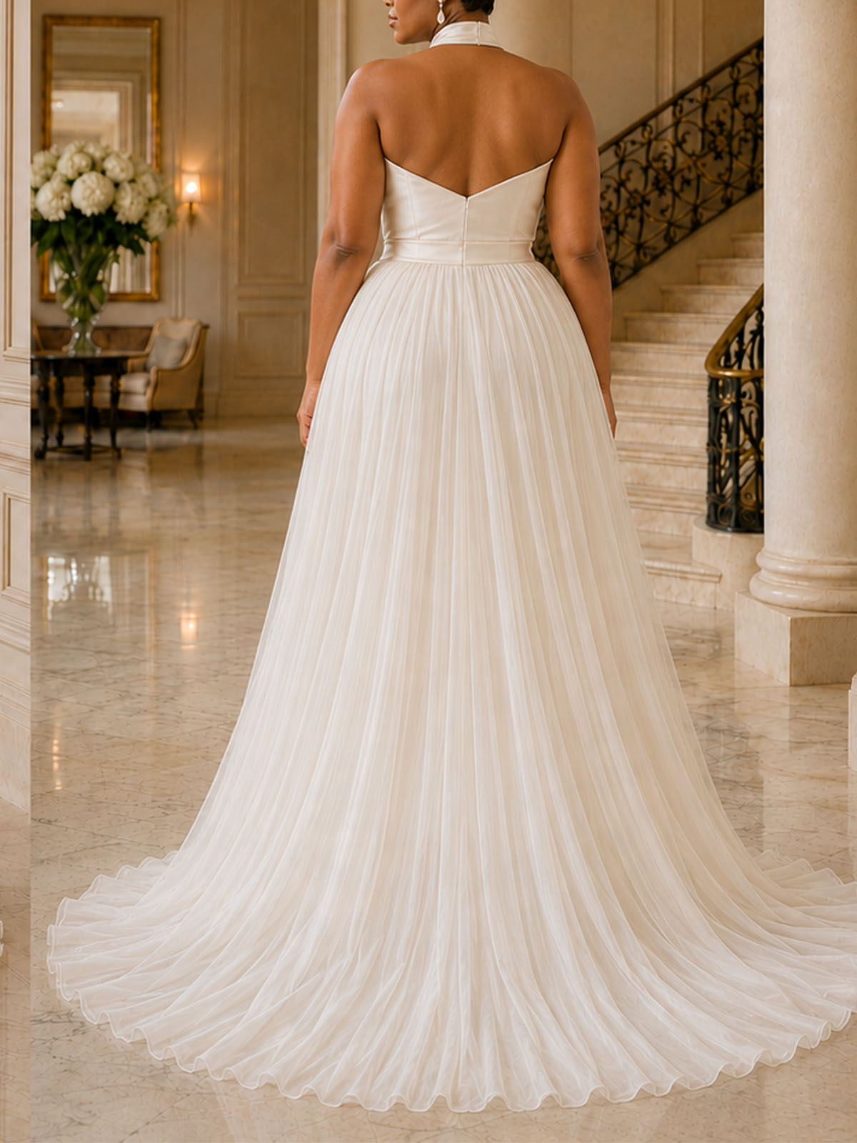 Jumpsuit/Pantsuit Halter Sleeveless Sweep Train Chiffon/Matte Satin Wedding Dresses With Overskirt Dress