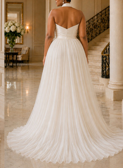 Jumpsuit/Pantsuit Halter Sleeveless Sweep Train Chiffon/Matte Satin Wedding Dresses With Overskirt Dress