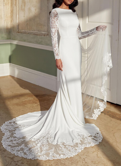 Sheath/Column Scoop Neck Long Sleeves Court Train Lace/Tulle/Elastic Satin Wedding Dresses With Appliques Lace