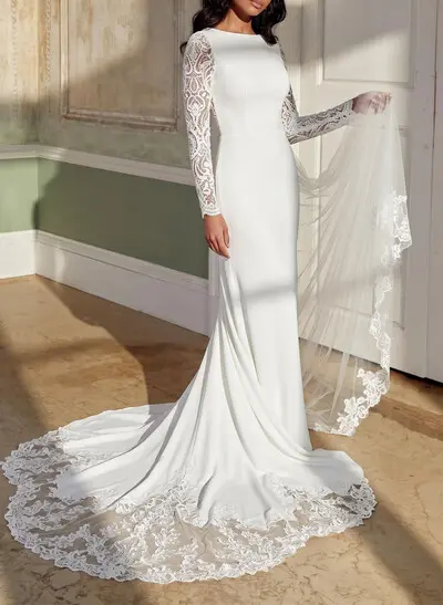 Sheath/Column Scoop Neck Long Sleeves Court Train Lace/Tulle/Elastic Satin Wedding Dresses With Appliques Lace