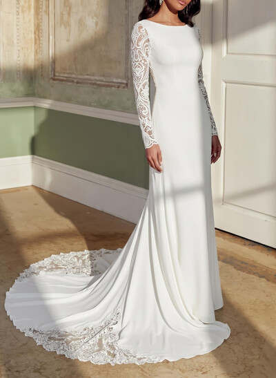 Sheath/Column Scoop Neck Long Sleeves Court Train Lace/Tulle/Elastic Satin Wedding Dresses With Appliques Lace