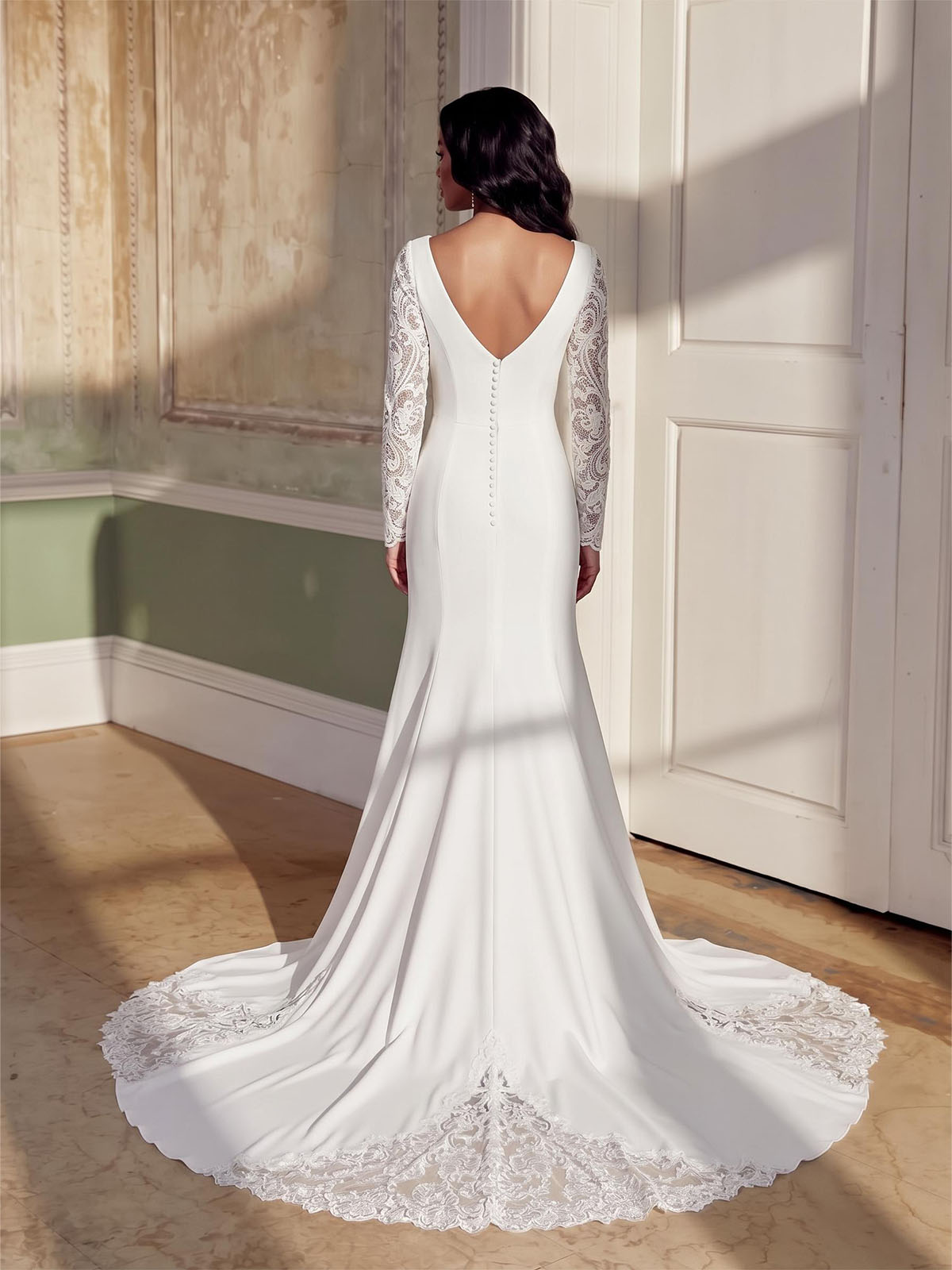 Sheath/Column Scoop Neck Long Sleeves Court Train Lace/Tulle/Elastic Satin Wedding Dresses With Appliques Lace