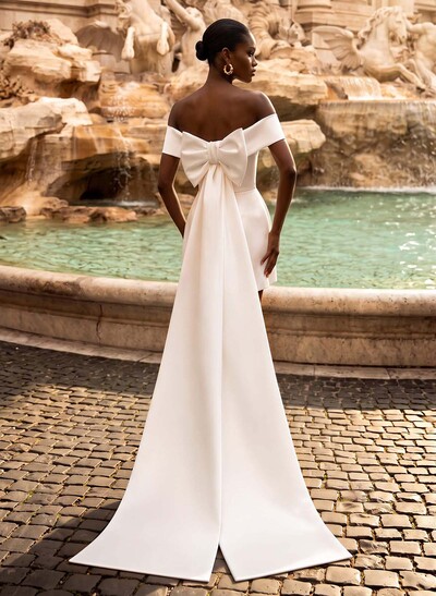 Jumpsuit / Trouser Suit Off-The-Shoulder Cape Sleeves Short/Mini Satin Wedding Dresses With Bow