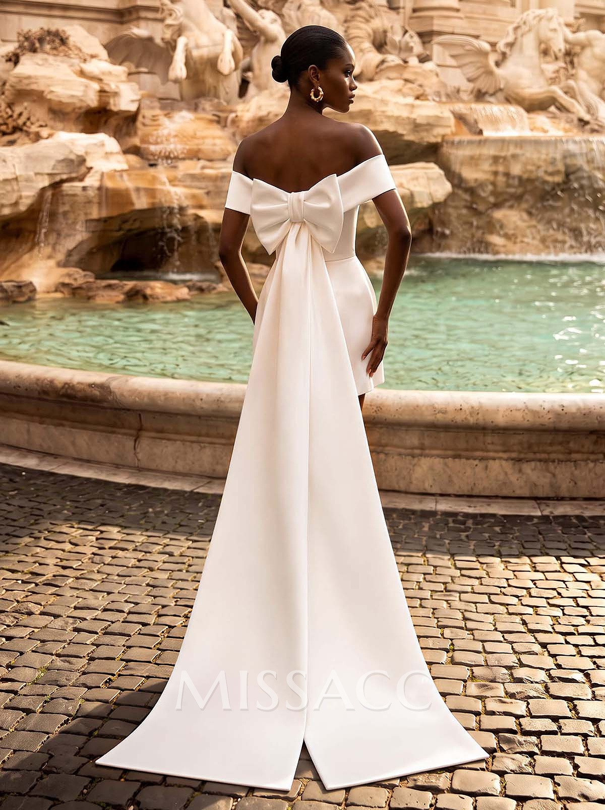 Jumpsuit/Pantsuit Off-The-Shoulder Cape Sleeves Short/Mini Satin Wedding Dresses With Bow
