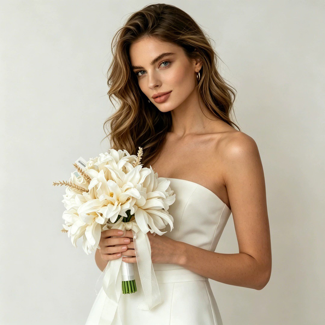 Artificial Wedding Flowers Round Silk Cloth Dahlia Bridal Bouquets