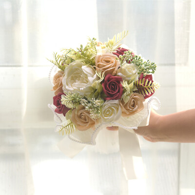 Artificial Wedding Flowers Round Silk Cloth Roses Bridal Bouquets