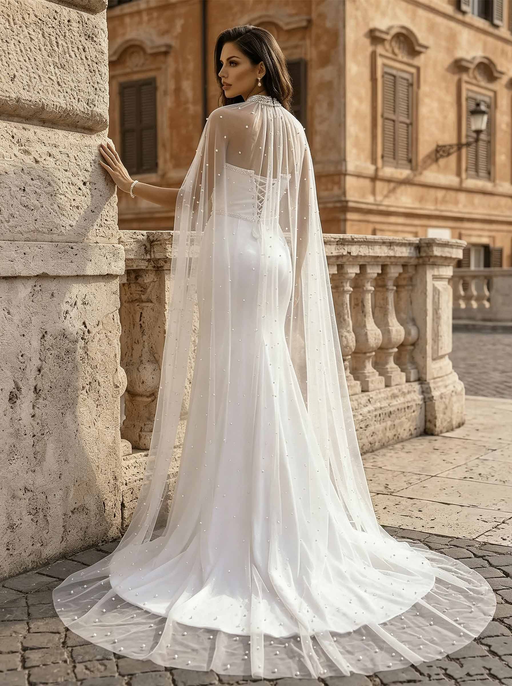 Beaded Tulle Cape With Clasp Fastening