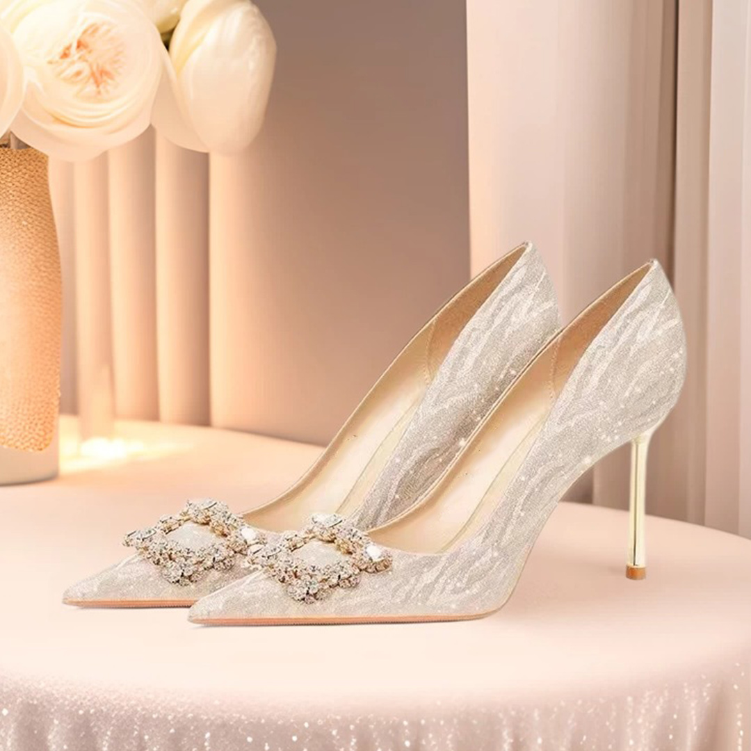 Stiletto Heel PU Leather Point Toe Wedding Shoes With Rhinestone
