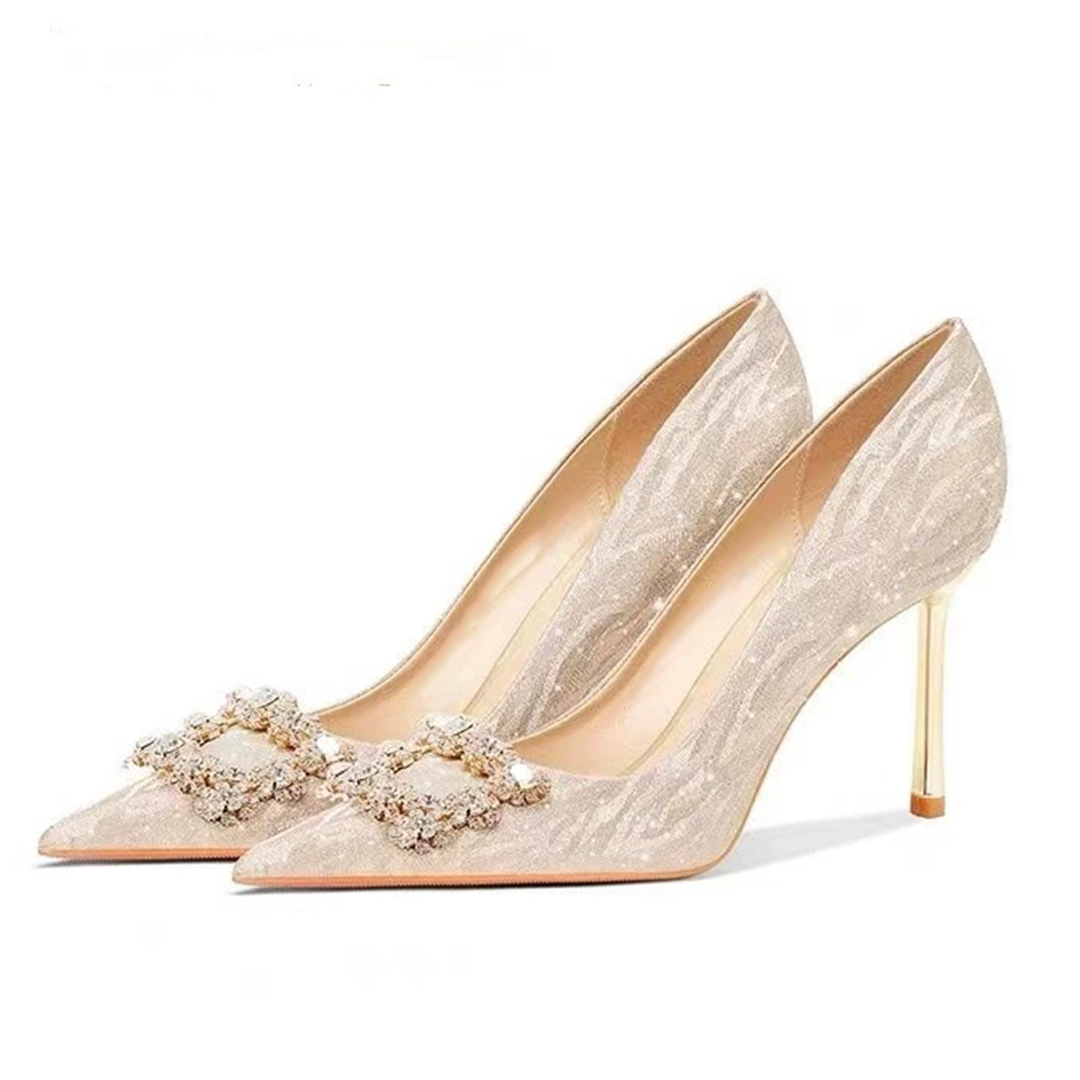 Stiletto Heel PU Leather Point Toe Wedding Shoes With Rhinestone
