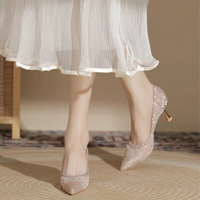 High Heel Mesh Point Toe Wedding Shoes With Rhinestone/Lace