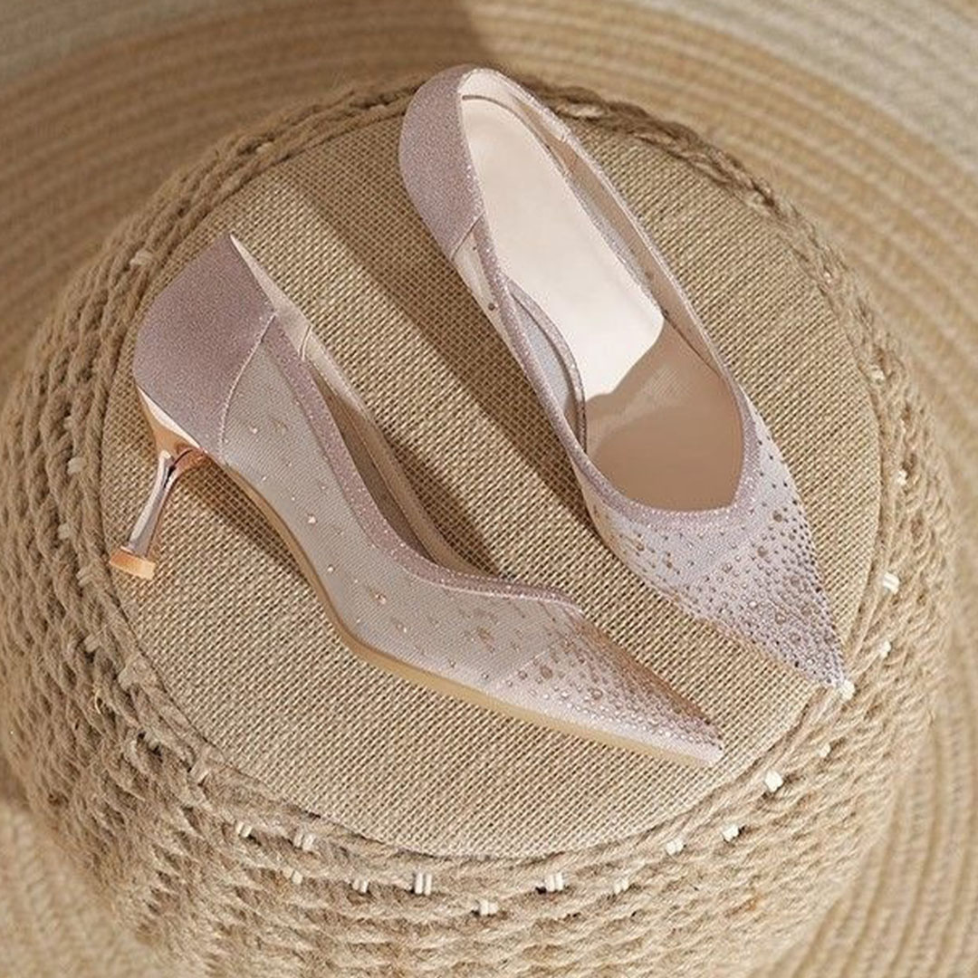 High Heel Mesh Point Toe Wedding Shoes With Rhinestone/Lace