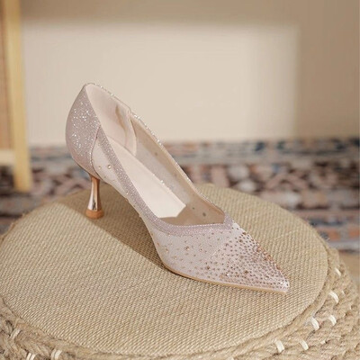 High Heel Mesh Point Toe Wedding Shoes With Rhinestone/Lace