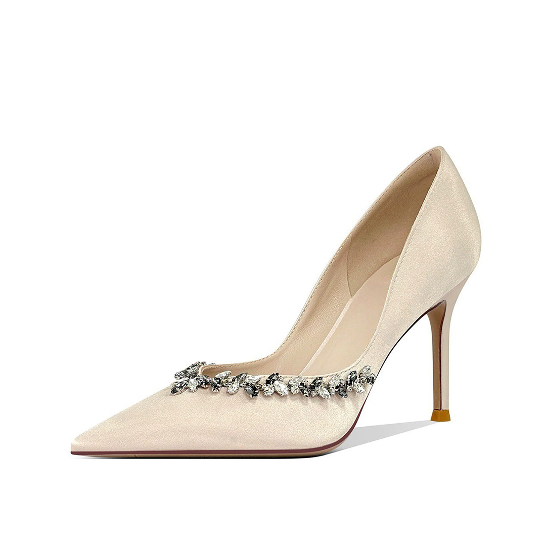 High Heel Satin Point Toe Wedding Shoes With Rhinestone