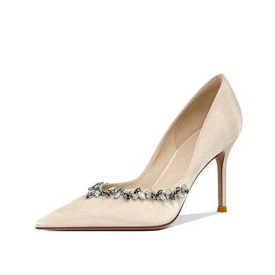 High Heel Satin Point Toe Wedding Shoes With Rhinestone