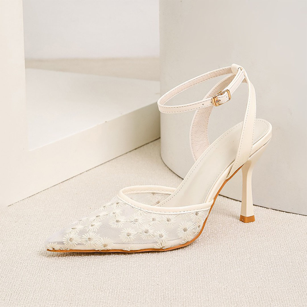 Ankle Strap Heel Mesh Point Toe Wedding Shoes With Flower