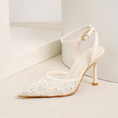 Ankle Strap Heel Mesh Point Toe Wedding Shoes With Flower