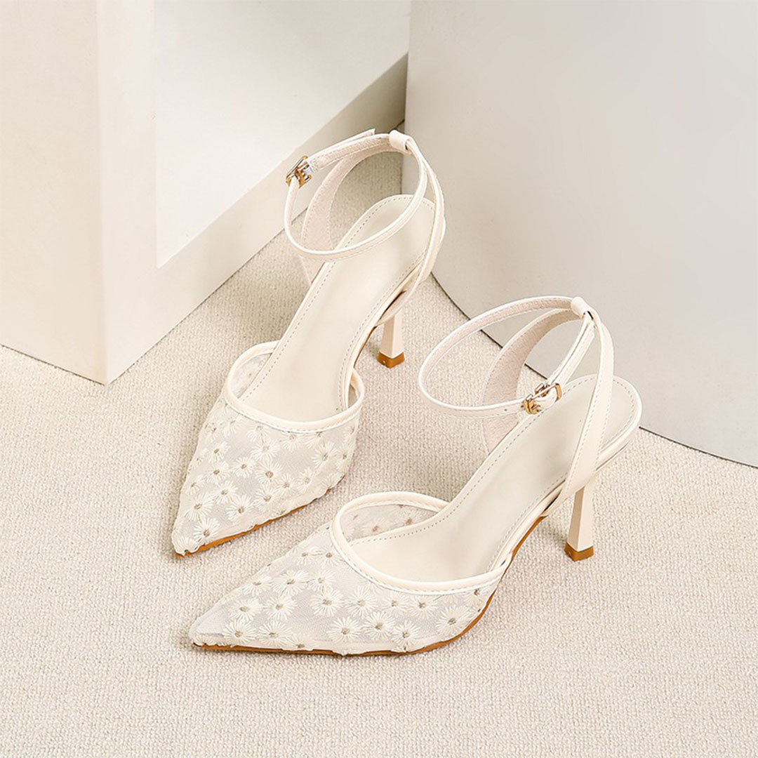 Ankle Strap Heel Mesh Point Toe Wedding Shoes With Flower