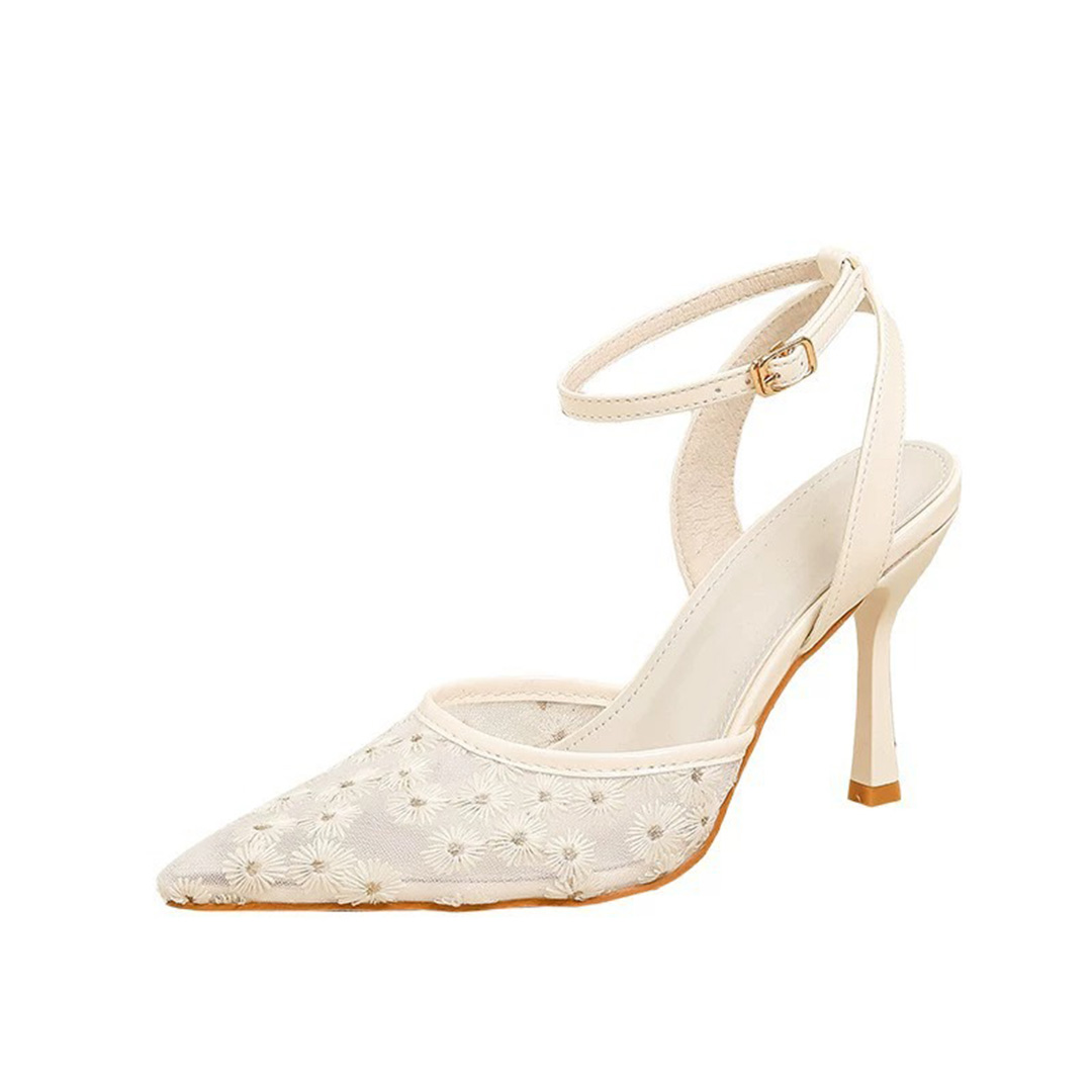 Ankle Strap Heel Mesh Point Toe Wedding Shoes With Flower