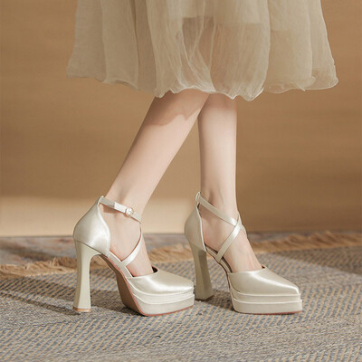Ankle Strap Heel Satin Point Toe Wedding Shoes