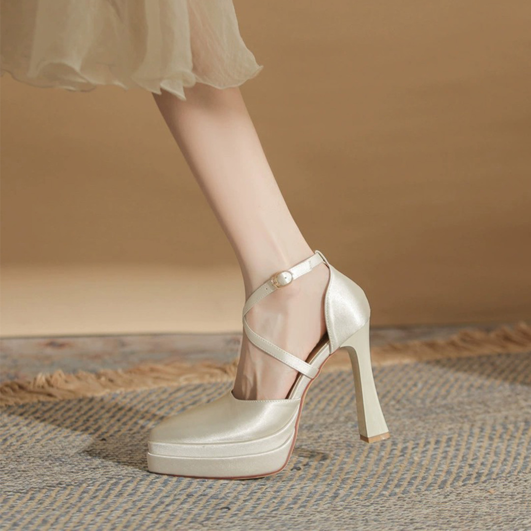 Ankle Strap Heel Satin Point Toe Wedding Shoes