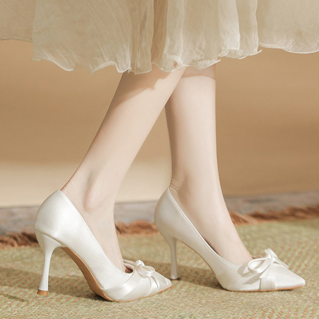 Satin Pointed Toe Stiletto Wedding Shoes With Bow