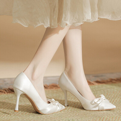 Satin Pointed Toe Stiletto Wedding Shoes With Bow