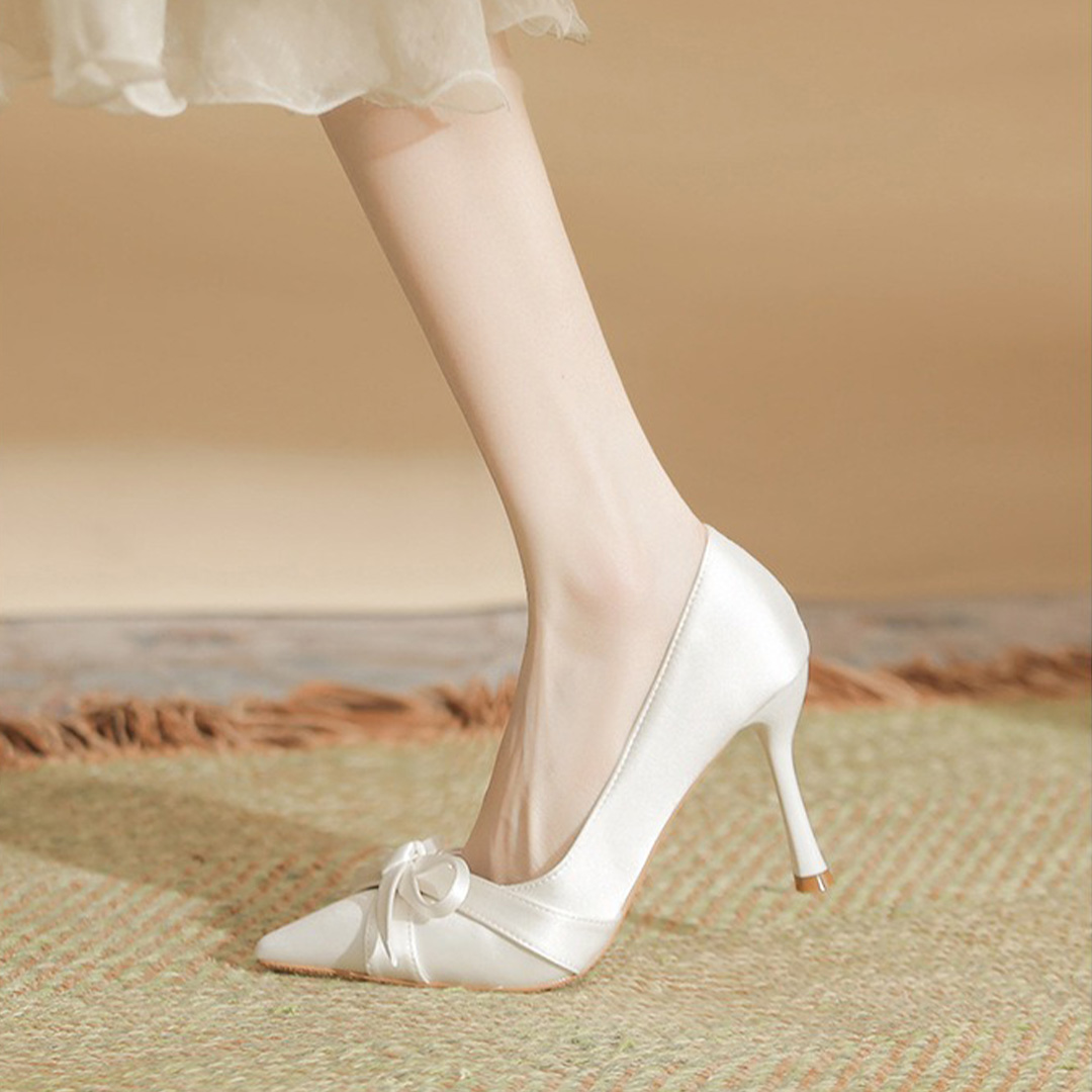 Satin Pointed Toe Stiletto Wedding Shoes With Bow