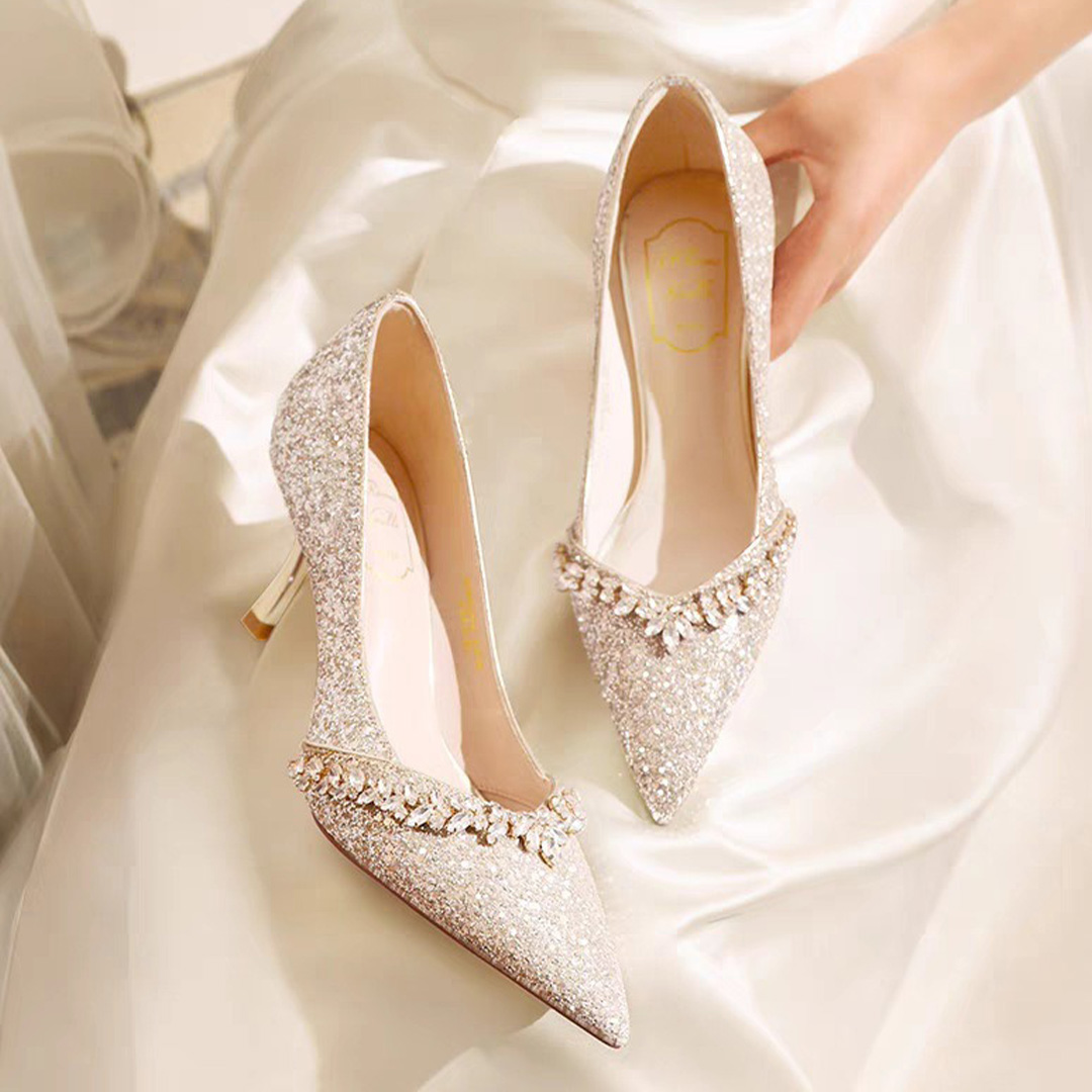 High Heel Sequin Mesh Point Toe Wedding Shoes With Rhinestone