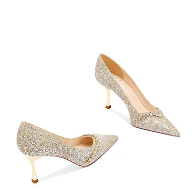 High Heel Sequin Mesh Point Toe Wedding Shoes With Rhinestone