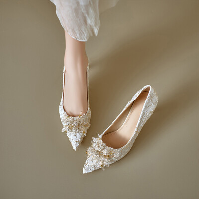 High Heel Satin Point Toe Wedding Shoes With Flower/Beading