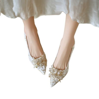 High Heel Satin Point Toe Wedding Shoes With Flower/Beading