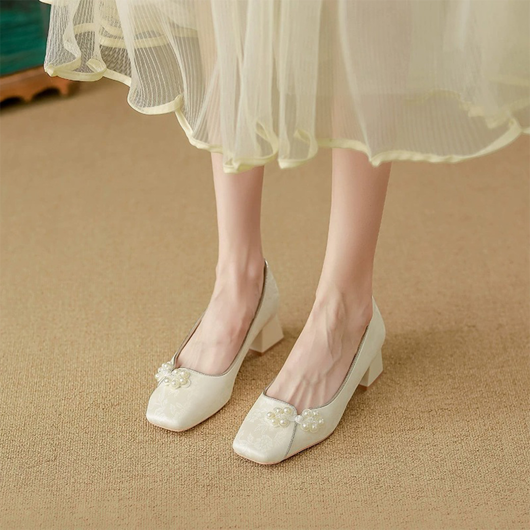 Block Heel Leatherette Square Toe Wedding Shoes With Imitation Pearl