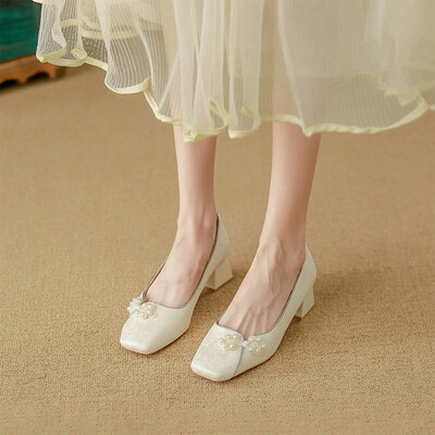 Block Heel Leatherette Square Toe Wedding Shoes With Imitation Pearl
