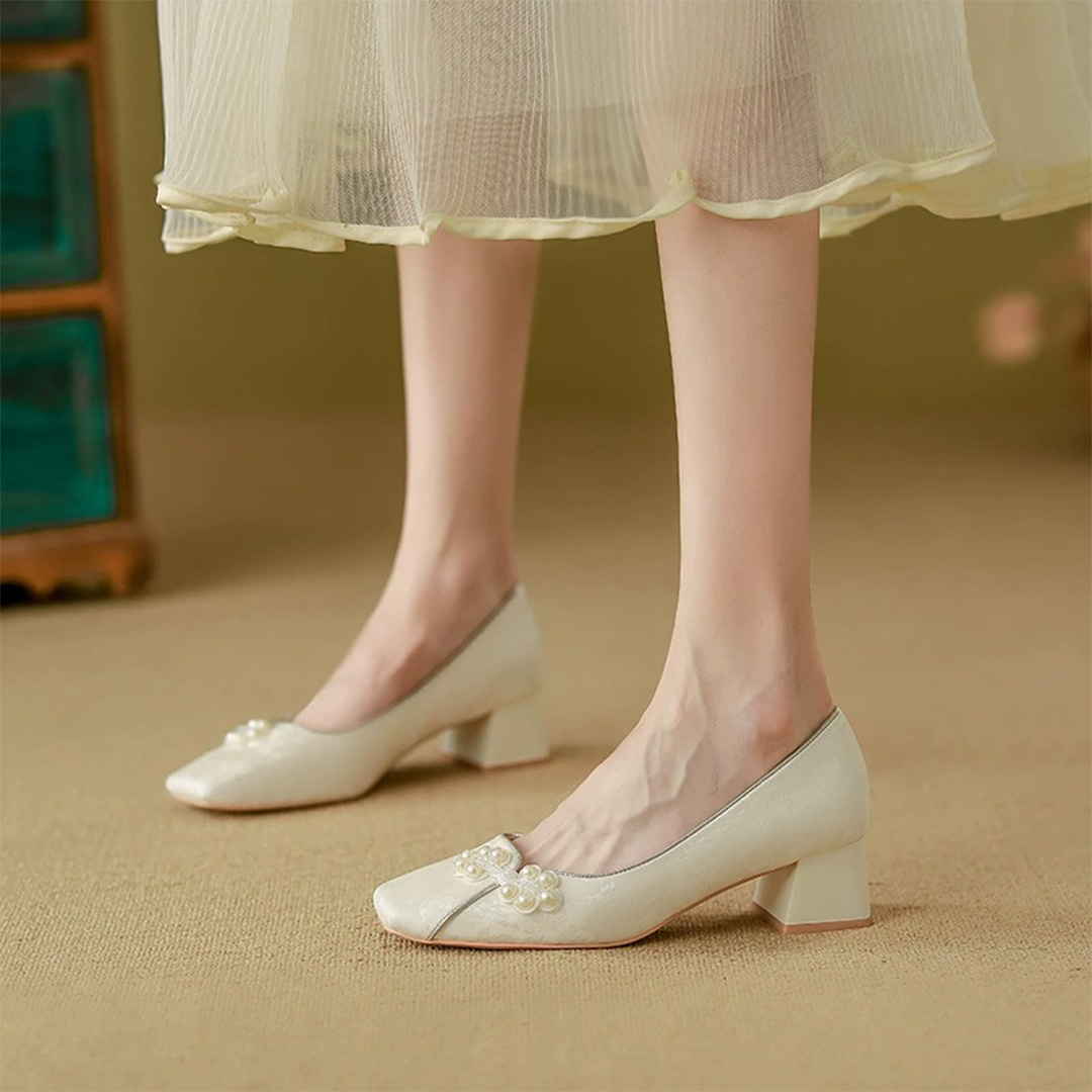 Block Heel Leatherette Square Toe Wedding Shoes With Imitation Pearl