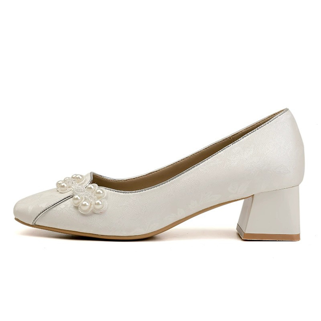 Block Heel Leatherette Square Toe Wedding Shoes With Imitation Pearl