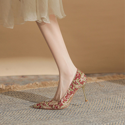Stiletto Heel Satin Point Toe Wedding Shoes With Flower