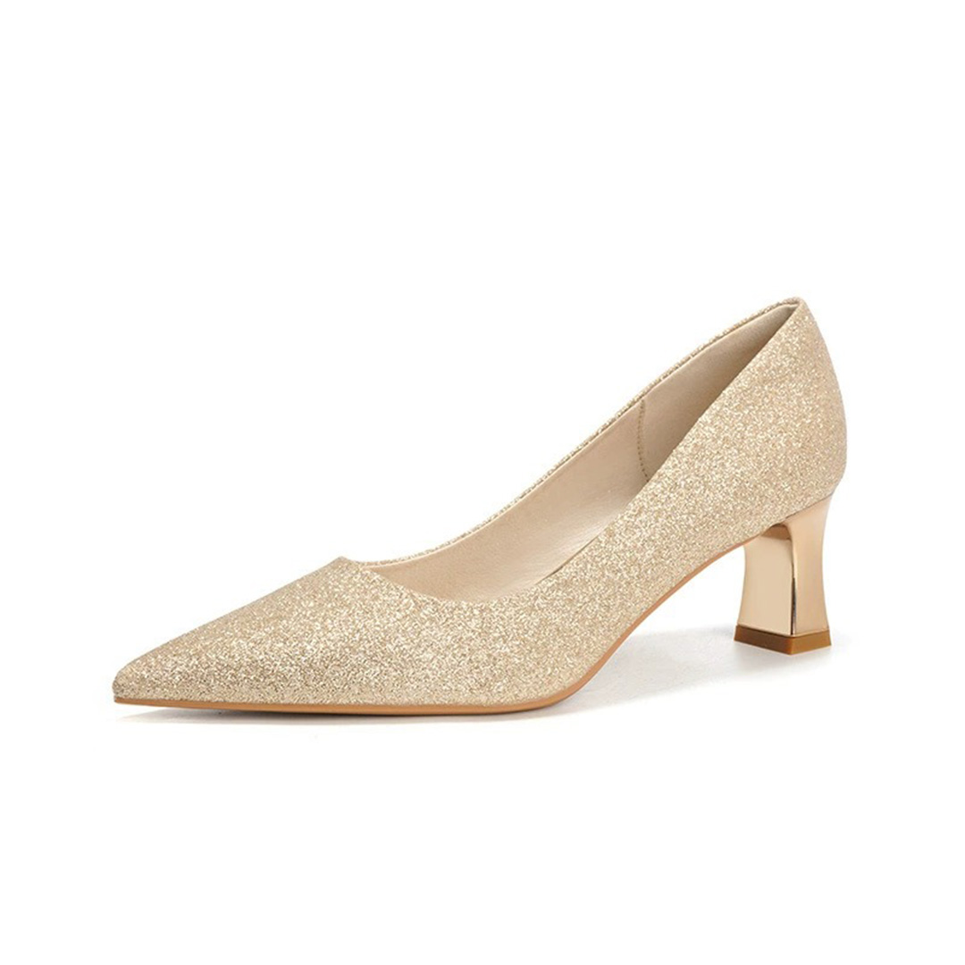 Block Heel Faux Leather Point Toe Wedding Shoes With Fine Sparkle