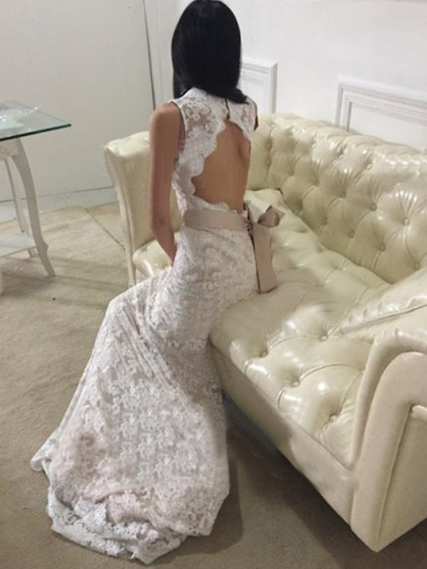 Bateau Keyhole Back Lace Sweep Train Column Wedding Dress main image 1